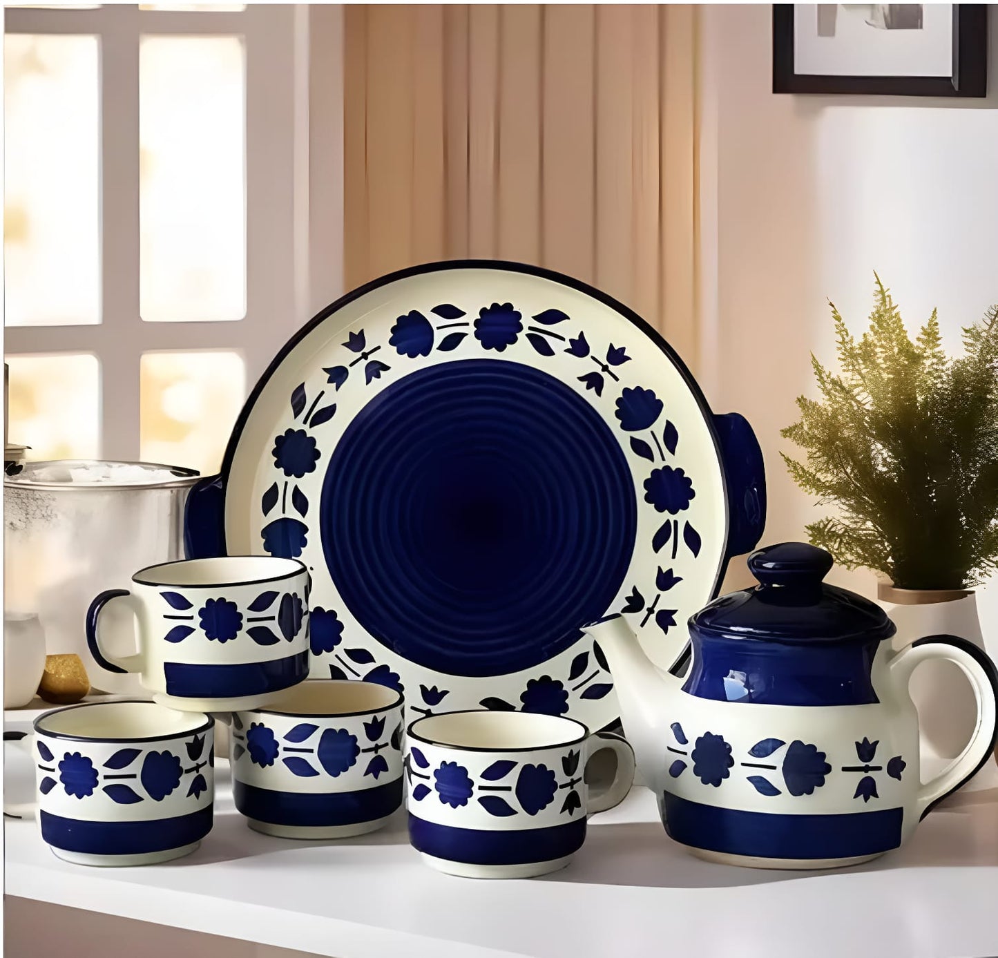 Blue & White Ceramic Tea Set - 6 Piece Premium Gift box with Tray, Cups & Teapot