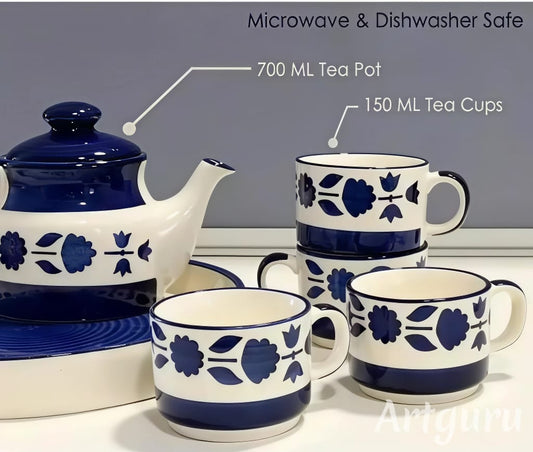 Blue & White Ceramic Tea Set - 6 Piece Premium Gift box with Tray, Cups & Teapot